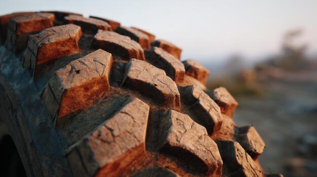 Close-up of a rugged tire tread in warm tones, showcasing textured patterns and wear, set against a softly blurred outdoor background. photo