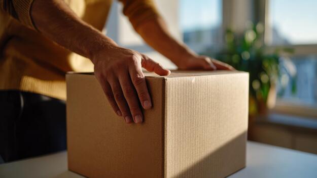 A man with light skin gently sets a plain cardboard box on a table in a sunlit indoor setting. photo