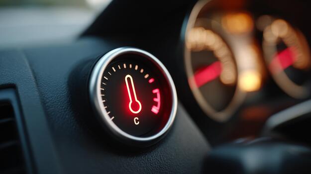 Close-up of a car's engine temperature gauge, displaying a warning signal with a glowing red indicator. photo