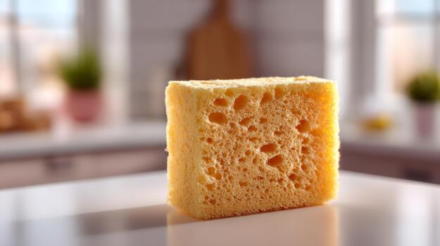 A close-up of a yellow kitchen sponge displayed on a clean countertop, showcasing its textured surface and porous structure. photo