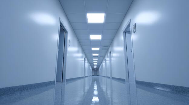 A stark, brightly lit corridor in a modern building, featuring reflective surfaces and closed doors. photo