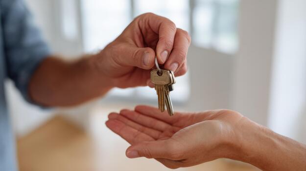 A close-up of a man's hand handing over a set of keys to a woman's hand, symbolizing new beginnings and opportunities. photo