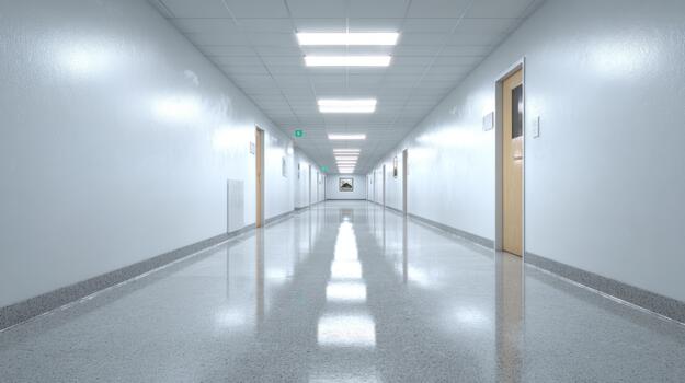 A clean, well-lit corridor in a modern building, featuring glossy floors and simple wooden doors. photo