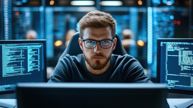A man in glasses is sitting in front of two computer screens photo