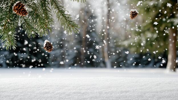 Snow falling on a pine tree branch with cones photo