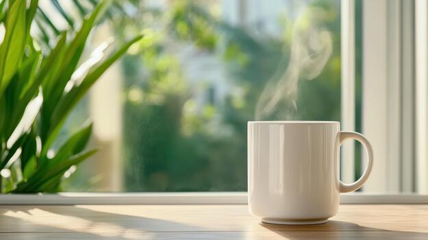 A white coffee mug sitting on a wooden table with a window in the background photo
