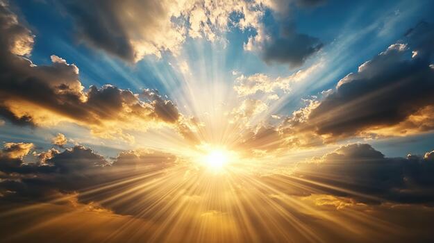 Sun shining through clouds with a blue sky photo