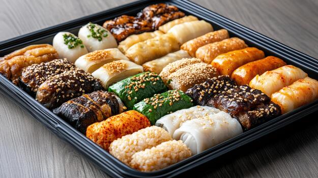 A tray of different types of food in a black container photo