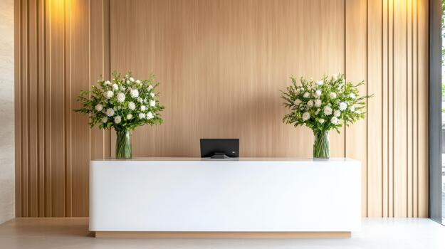 A reception desk with flowers in front of a wooden wall photo