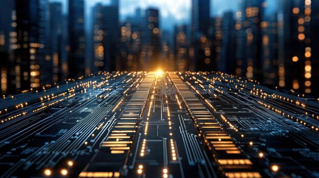 un paisaje urbano con un circuito tablero y luces foto