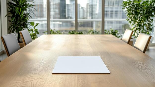 A conference table with a blank sheet of paper on it photo