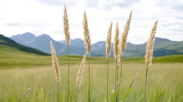 Tall grass in front of mountains photo