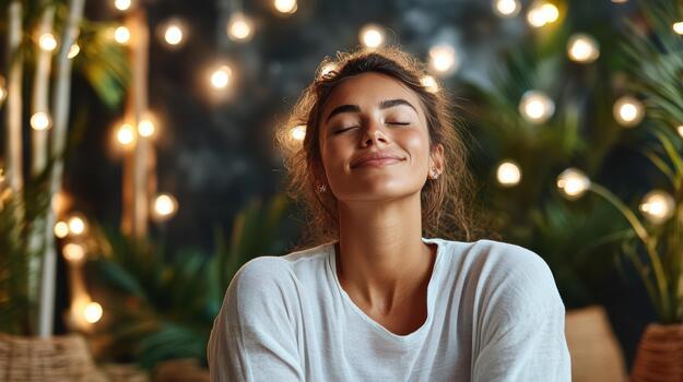 A woman is smiling while sitting in front of a string of lights photo
