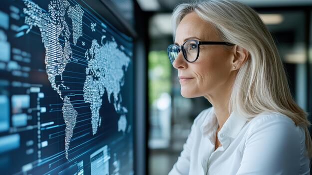 A woman in glasses looking at a computer screen with a world map on it photo