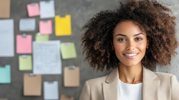 A woman with curly hair standing in front of a wall with post it notes photo