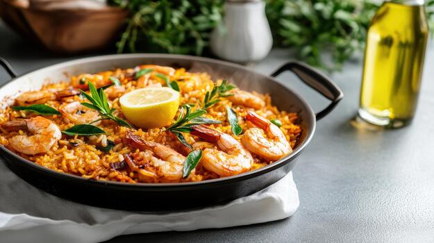 Shrimp paella in a pan with lemon slices photo