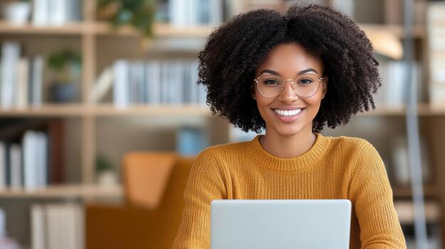 A smiling woman with glasses and an afro is using a laptop photo