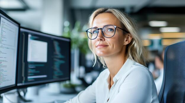 A woman in glasses sitting at a desk with two computer monitors photo