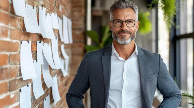 A man with glasses and a beard standing in front of a wall with paper notes on it photo