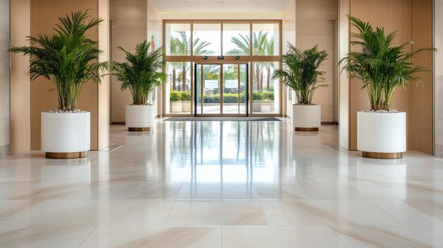 A large lobby with white marble floors and tall palm trees photo