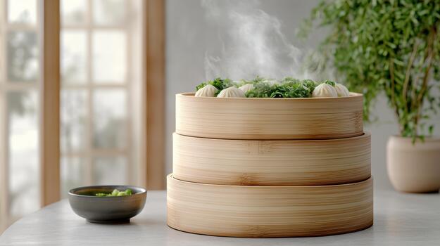 A stack of bamboo containers with food on top photo