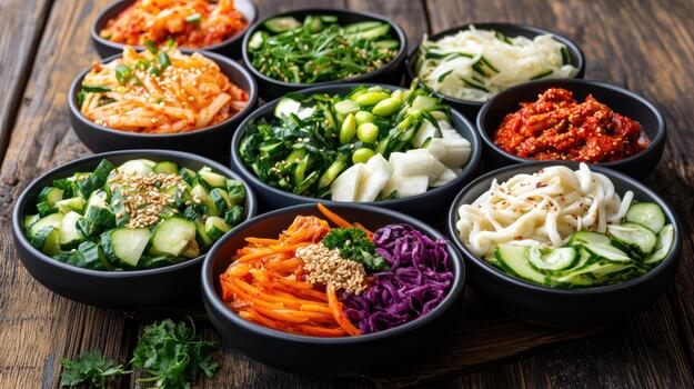 A variety of bowls filled with different types of vegetables photo