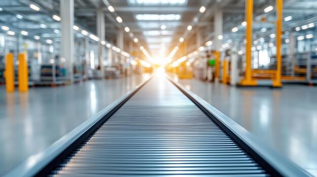 A conveyor belt in a factory with bright light photo