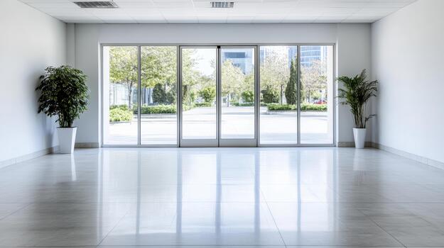 Empty office with large windows and white floor photo