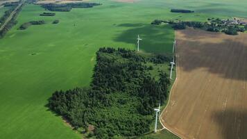 topp se av väderkvarnar stående i en fält till generera elektricitet i ett miljömässigt vänlig sätt. video