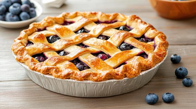 A blueberry pie with lattice on a wooden table photo