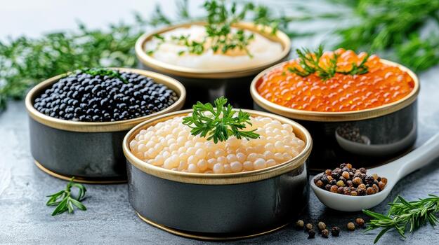 Four different types of caviar in tins photo