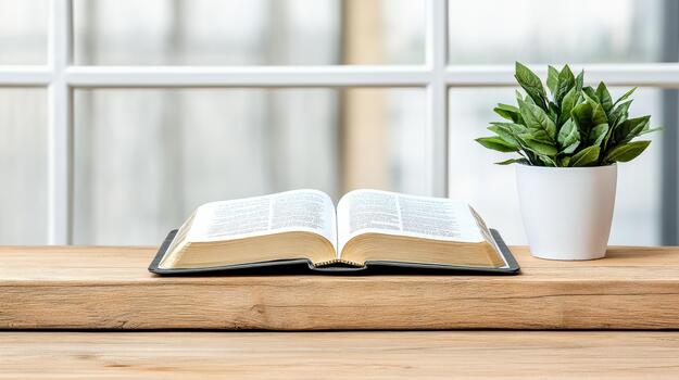 An open bible and a potted plant on a wooden table in front of a window photo