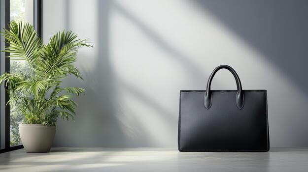 A black bag sitting on a table near a window photo