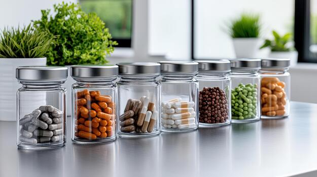 A row of glass jars with different types of pills photo