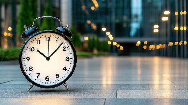 An alarm clock is sitting on the ground in front of a building photo