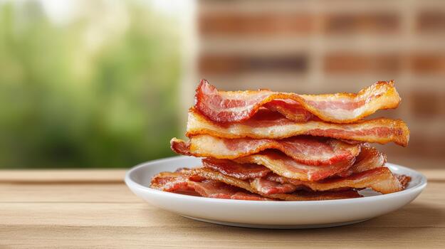 Bacon on a plate with a brick wall in the background photo