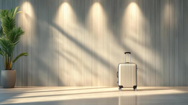 A suitcase is sitting in front of a wall with light coming from the ceiling photo