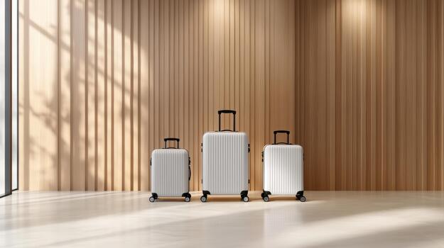 Three suitcases in front of a wooden wall photo