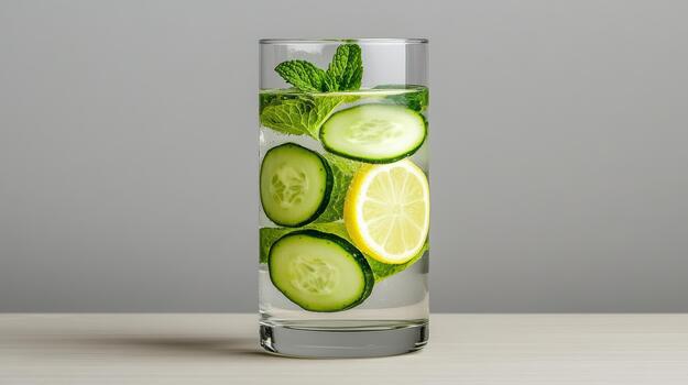 A glass of water with cucumber slices and lemon slices photo