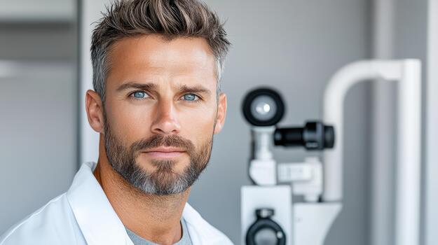 A man in a white coat standing in front of an eye exam machine photo