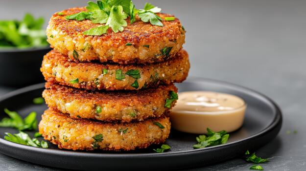 A stack of crab cakes on a black plate photo