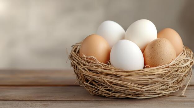 Eggs in a nest on a wooden table photo