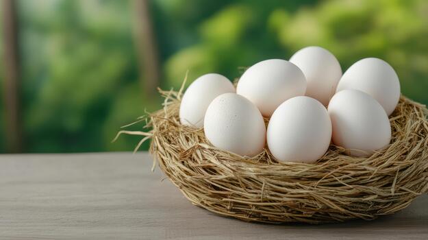 White eggs in a nest on a table photo