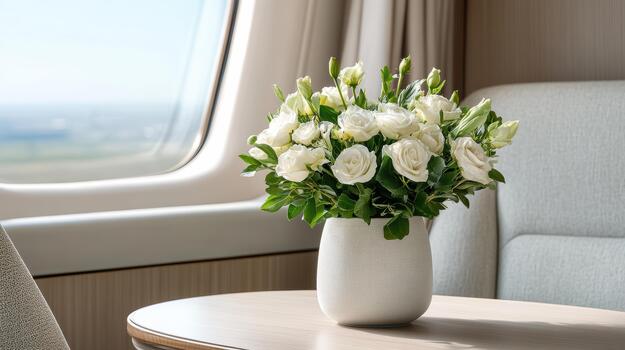 A vase of white flowers sits on a table in front of a window photo