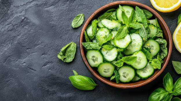 Cucumber, mint and basil salad with lemon slices on dark background top view photo