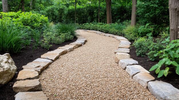 A gravel pathway in a garden with trees and shrubs photo