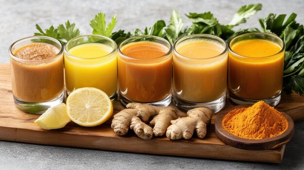 Five different juices on a cutting board photo