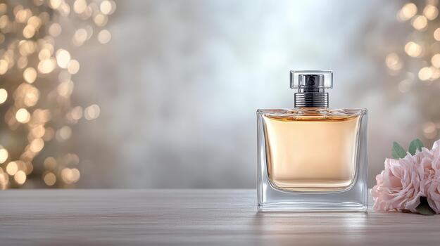 Perfume bottle and flower on wooden table with bokeh light background photo