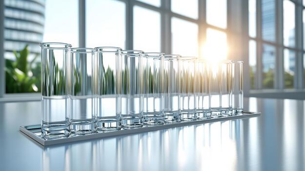 A row of test tubes on a table with a window in the background photo