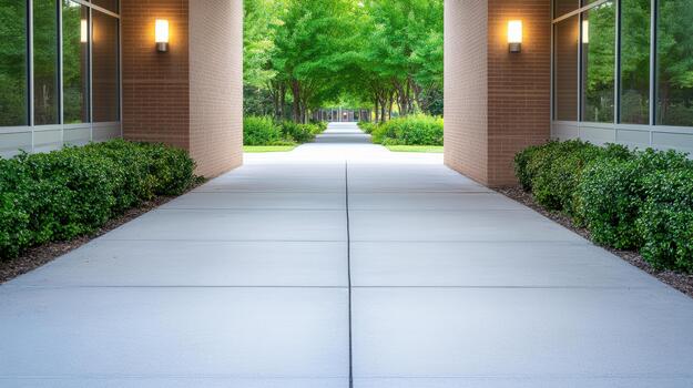 A walkway leading to a building with trees and bushes photo